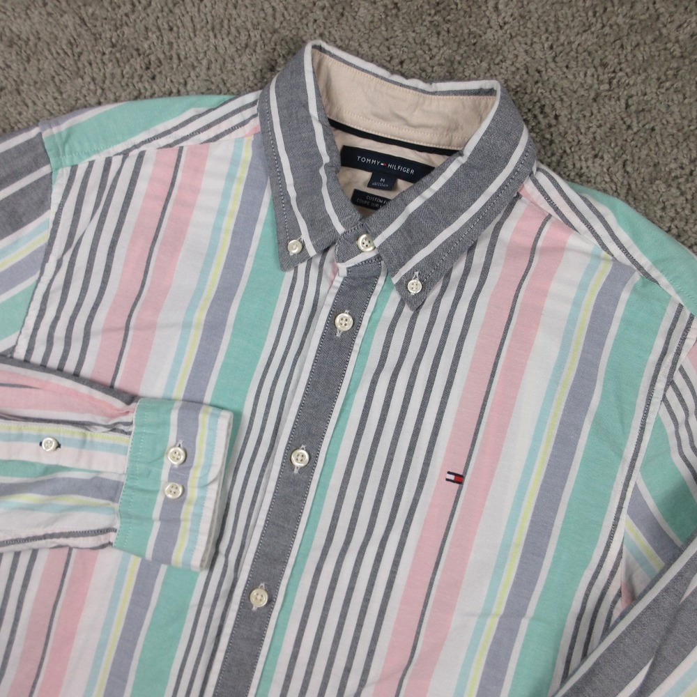 Tommy Hilfiger Shirt Mens Medium Gray Pink Green Striped Oxford Cloth Button Up